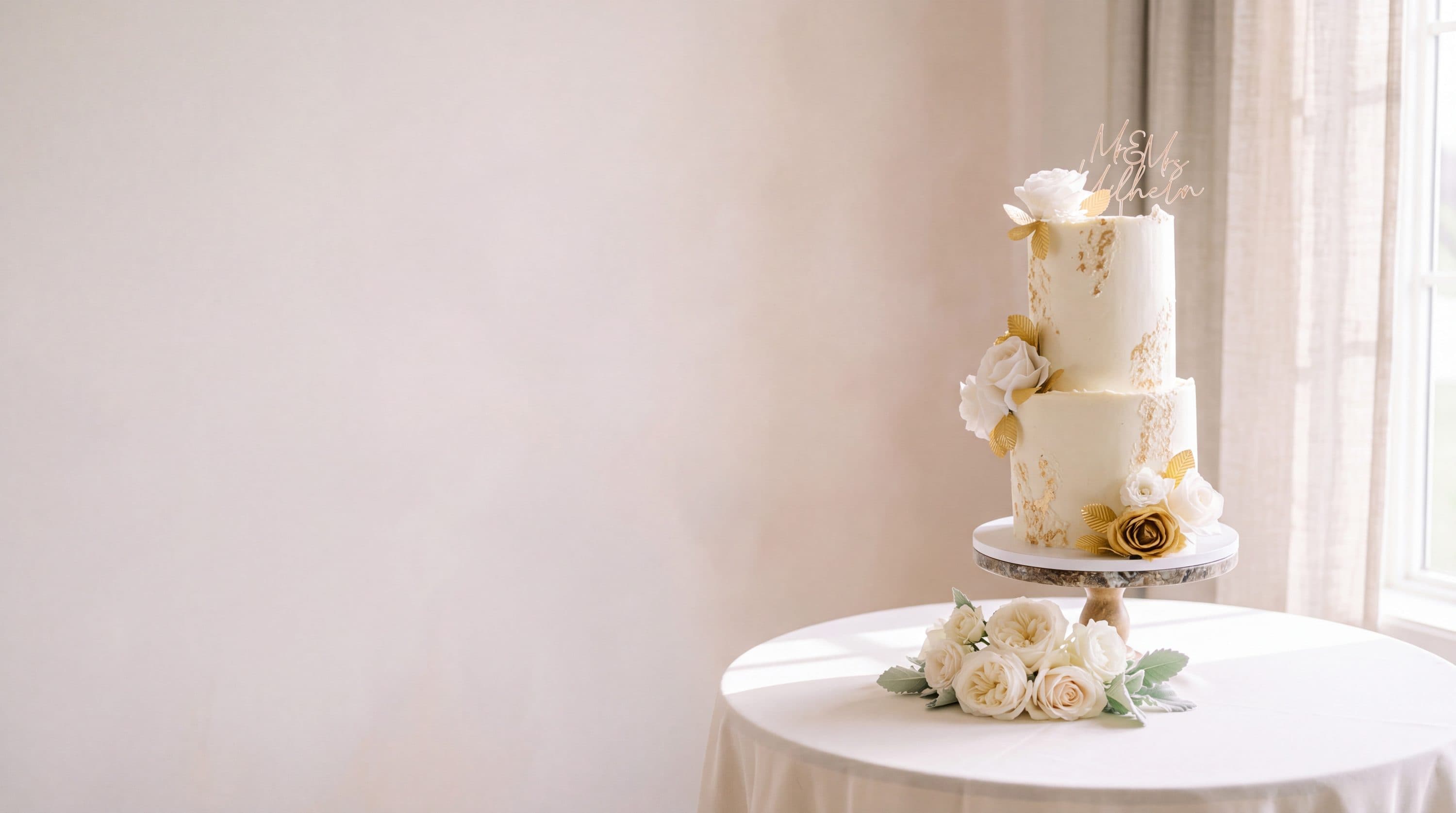 Three tier wedding cake on a round table in a light venue room